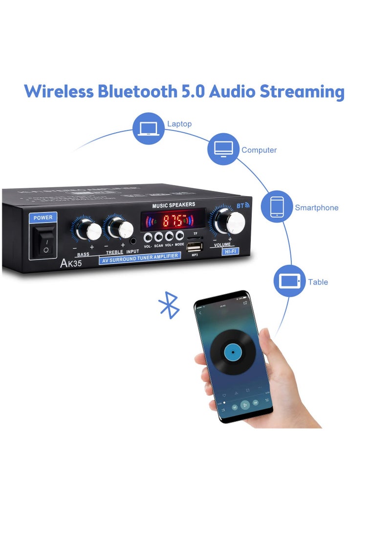 AK35 Dual Channel Bluetooth 5.0 Stereo Audio Amplifier Receiver, USB and SD Card Input, RMS 30W x 2, Bass  Treble Control, FM Radio, for Home Theater Speakers System - Image 2